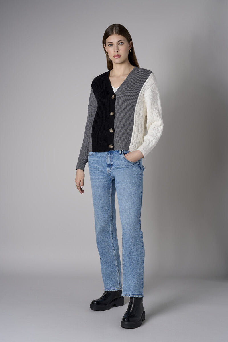 Black Multi Color Color-Blocked Cardigan