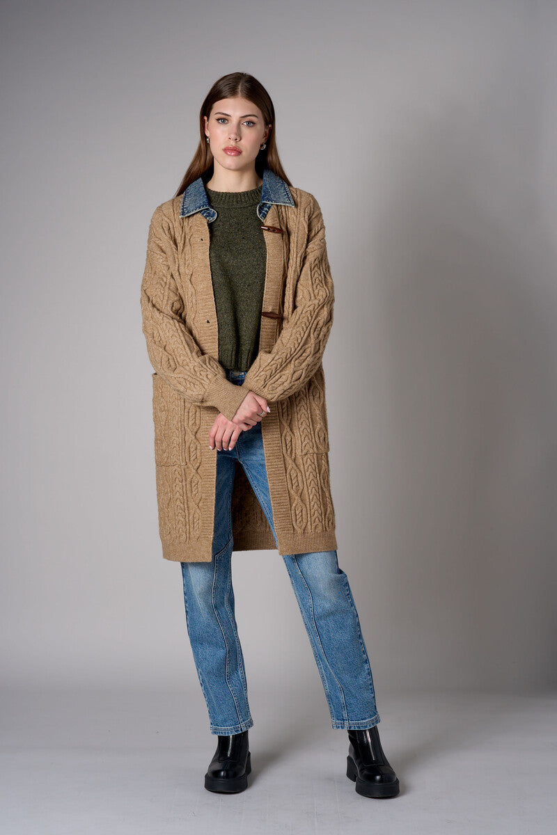 Brown cardigan with denim collar and button front closure.