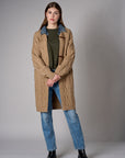 Brown cardigan with denim collar and button front closure.