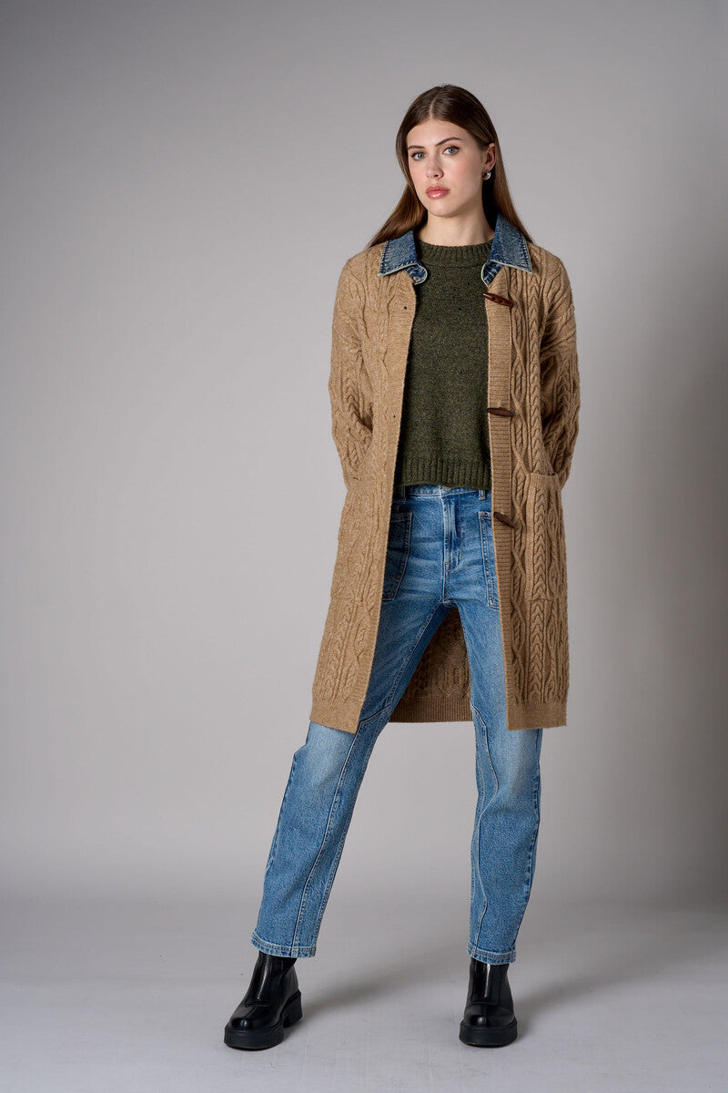 Brown cardigan with denim collar and button front closure.
