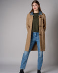 Brown cardigan with denim collar and button front closure.