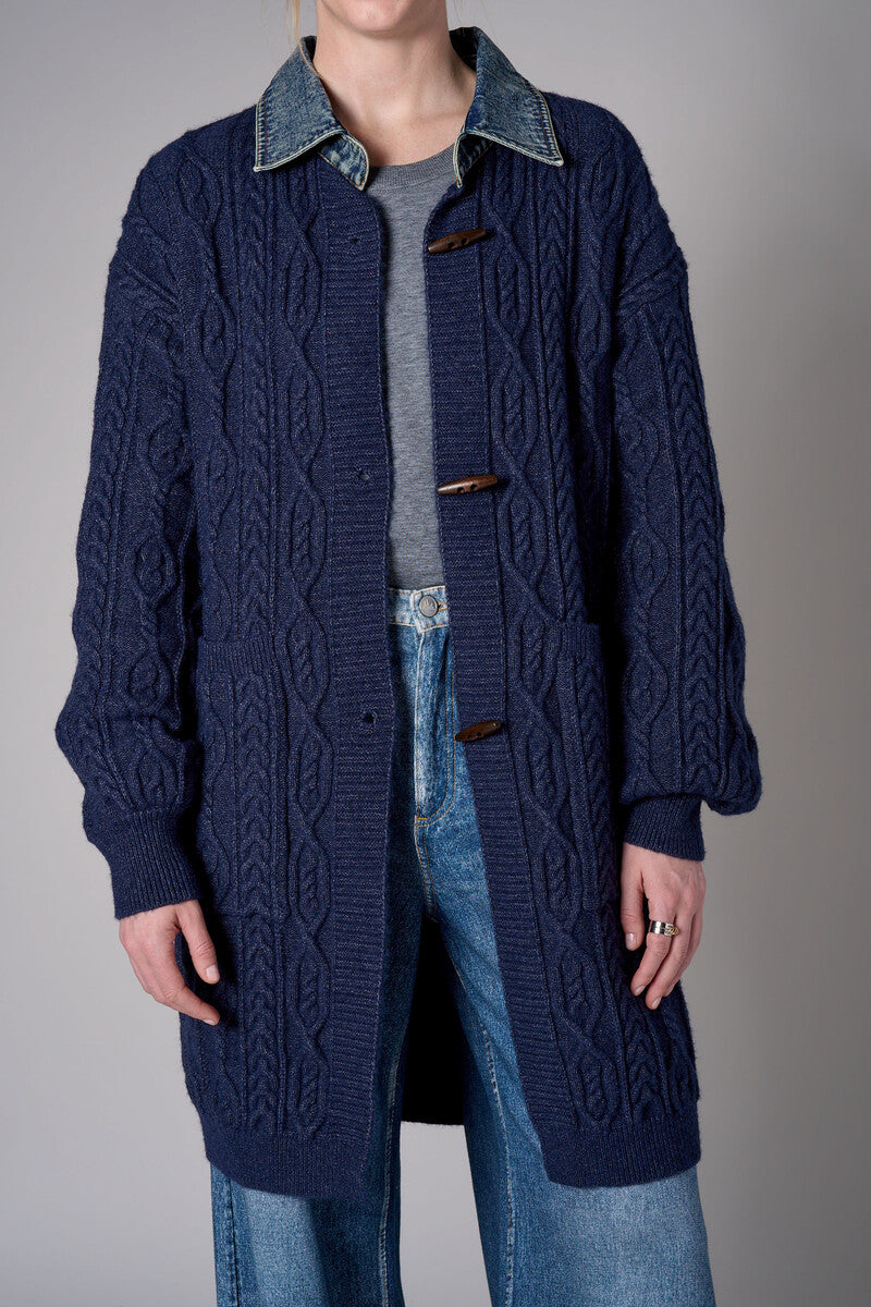 Twilight cardigan with denim collar and button front closure.