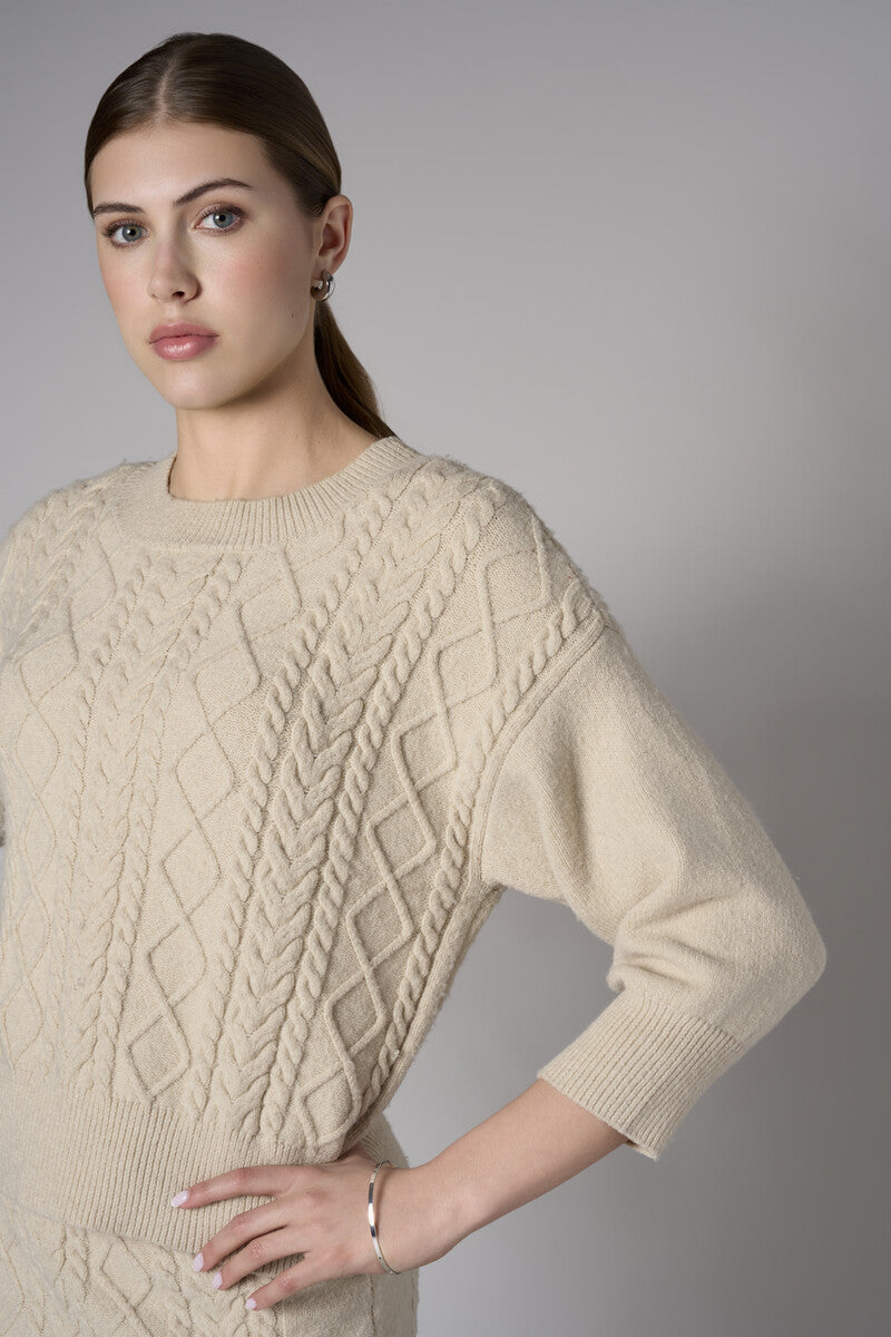 Sand Three Quarter Sleeve Crew Neck Sweater