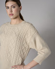 Sand Three Quarter Sleeve Crew Neck Sweater