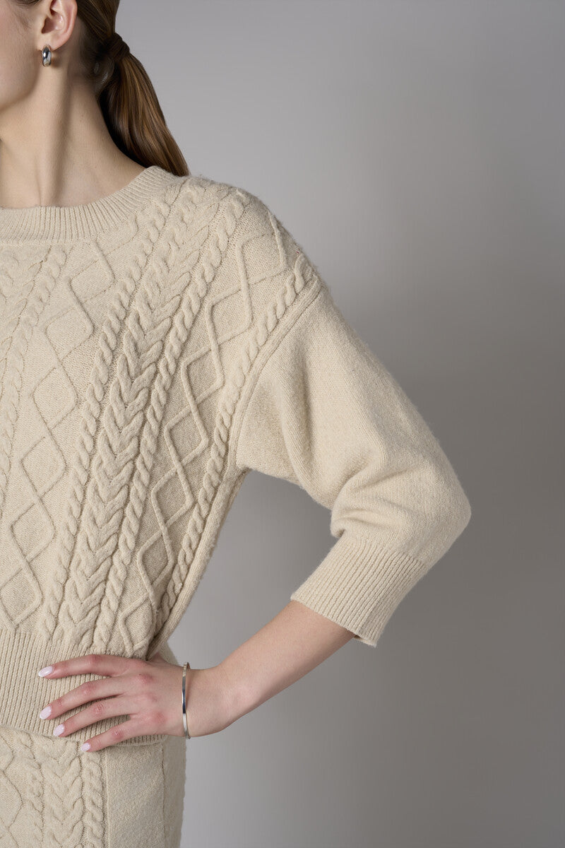 Sand Three Quarter Sleeve Crew Neck Sweater