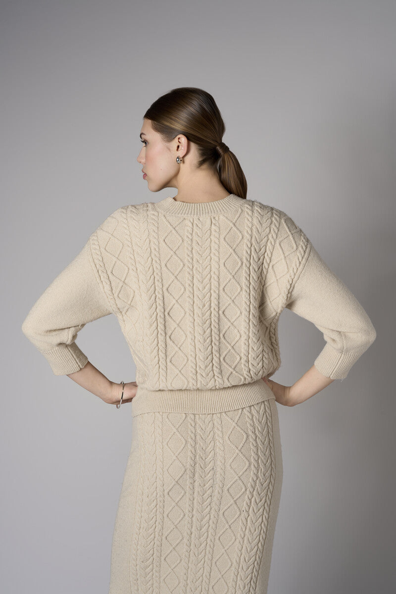Sand Three Quarter Sleeve Crew Neck Sweater