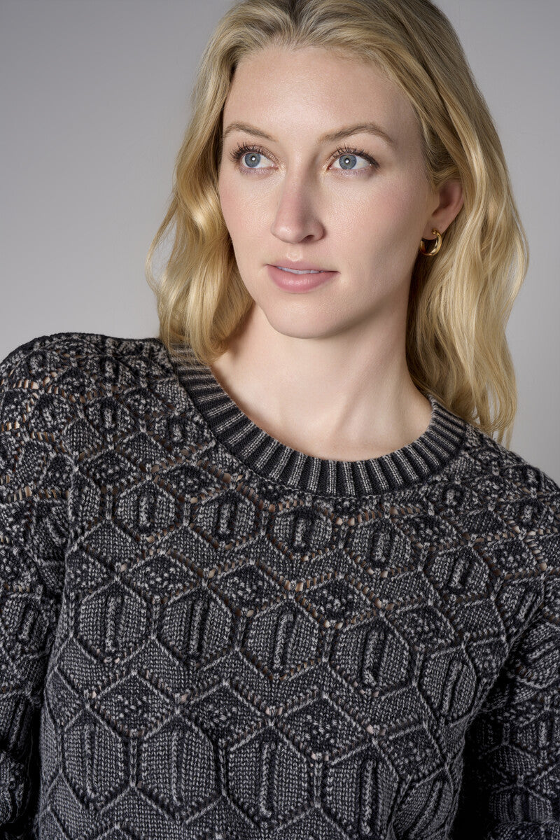 Turn heads with this warm 'Black' Crew Neck Distressed Sweater.