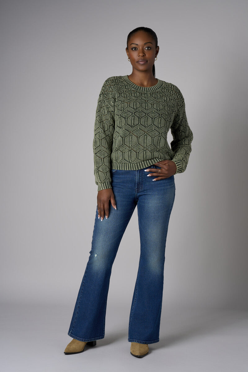 Fall in love with the distinctive 'Olive' Crew Neck Distressed Sweater – a must-have for any wardrobe.