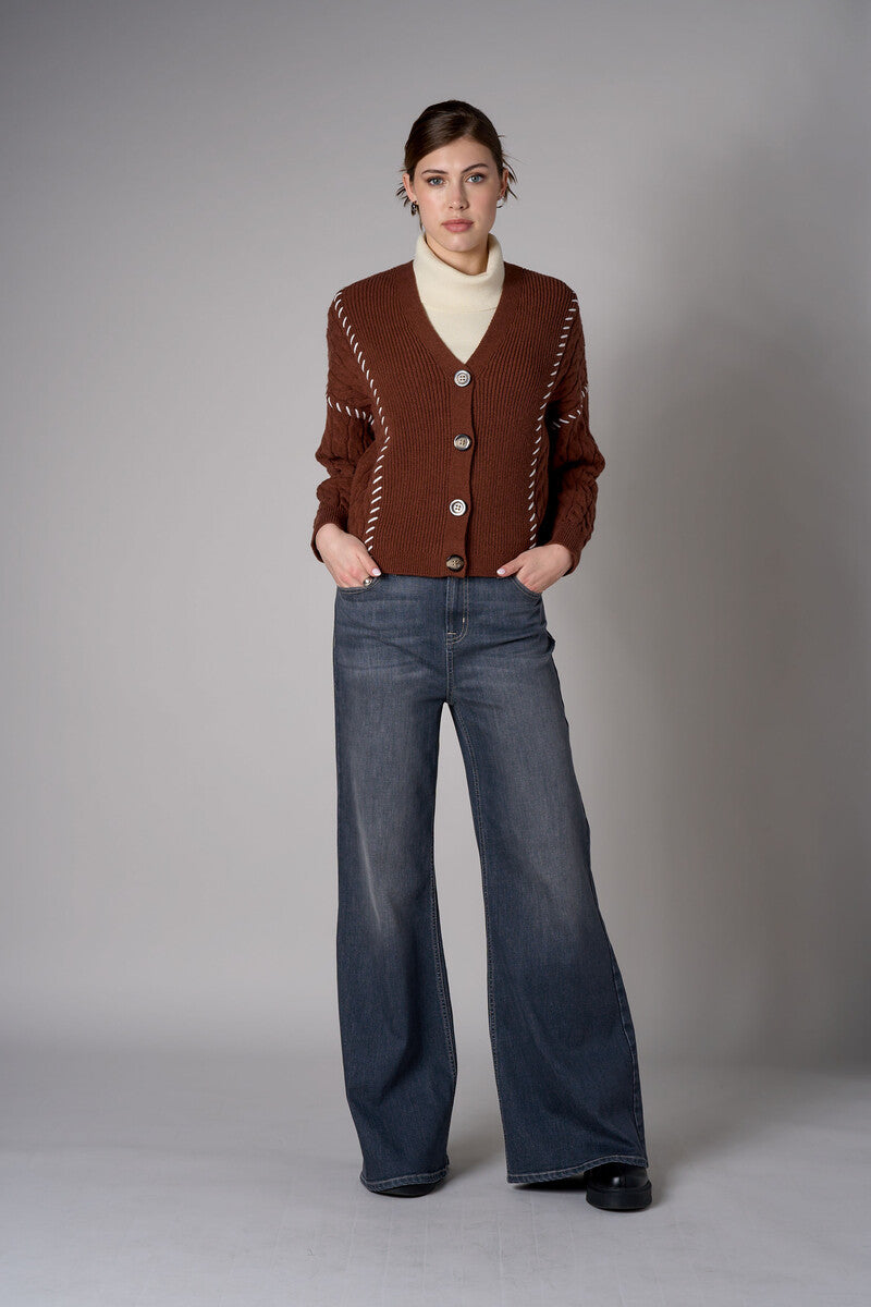 brown cardigan with contrast whipstitch trim and button front closure.