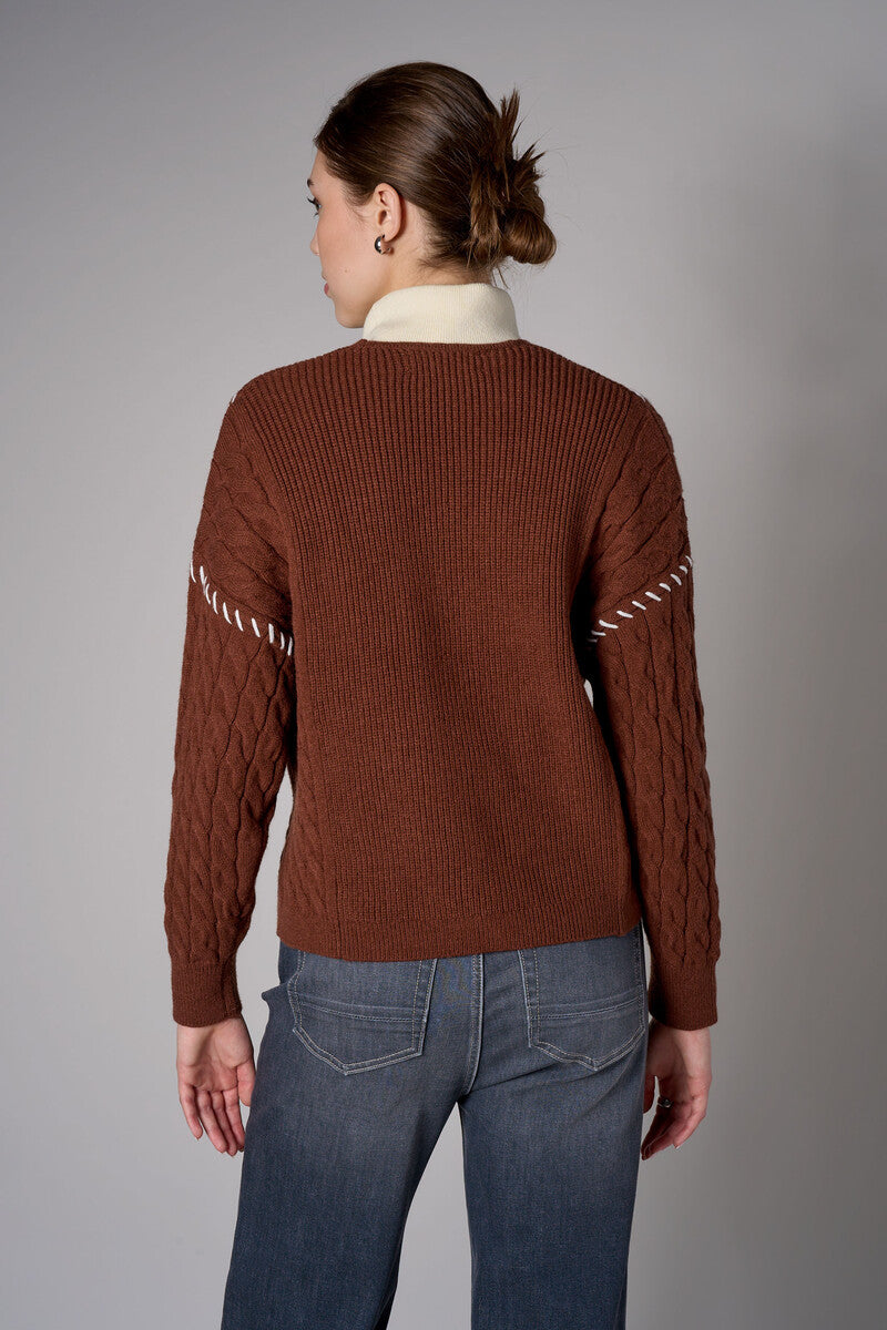 brown cardigan with contrast whipstitch trim and button front closure.