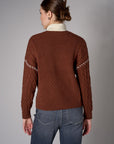 brown cardigan with contrast whipstitch trim and button front closure.