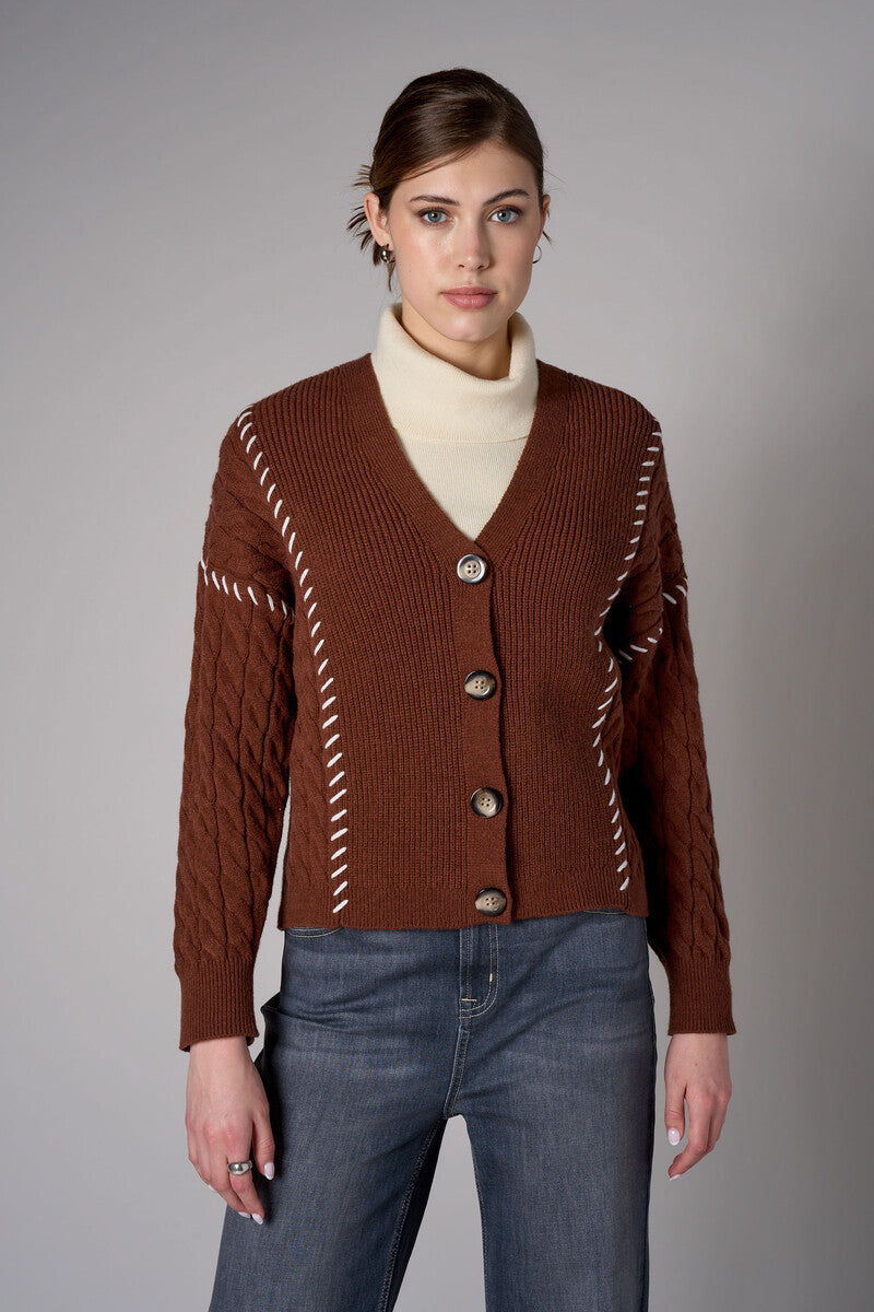 brown cardigan with contrast whipstitch trim and button front closure.