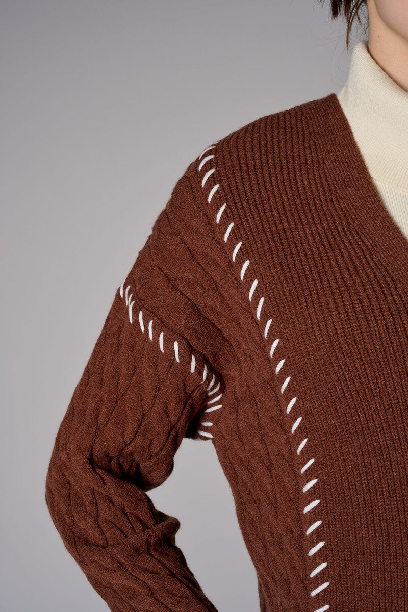 brown cardigan with contrast whipstitch trim and button front closure.