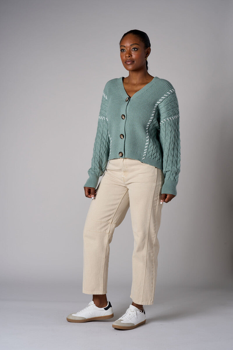 Seafoam cardigan with contrast whipstitch trim and button front closure.