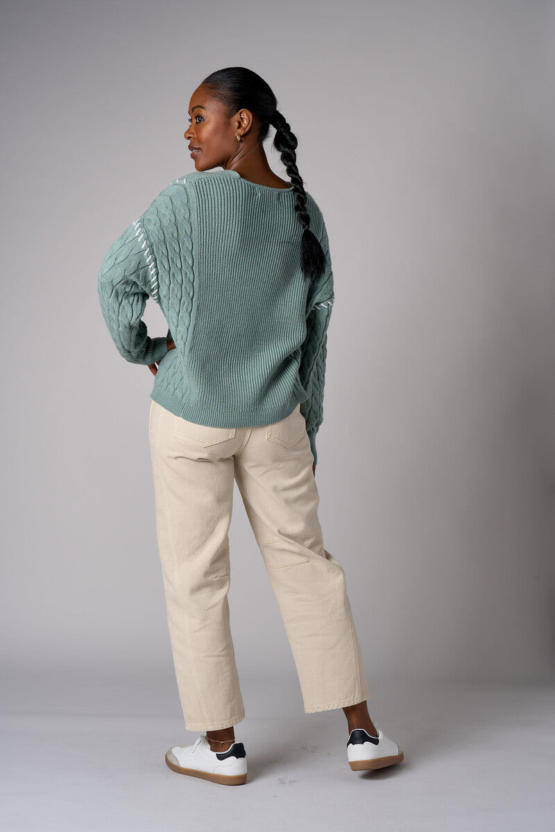 Seafoam cardigan with contrast whipstitch trim and button front closure.
