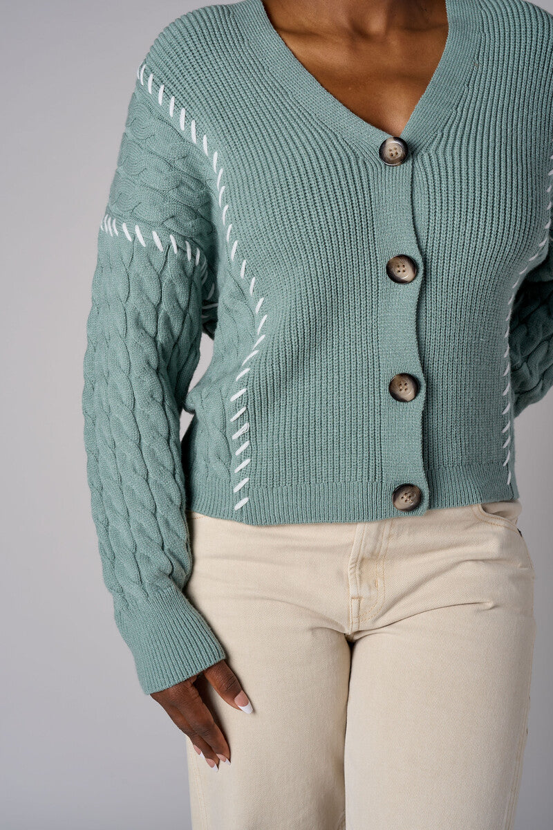 Seafoam cardigan with contrast whipstitch trim and button front closure.