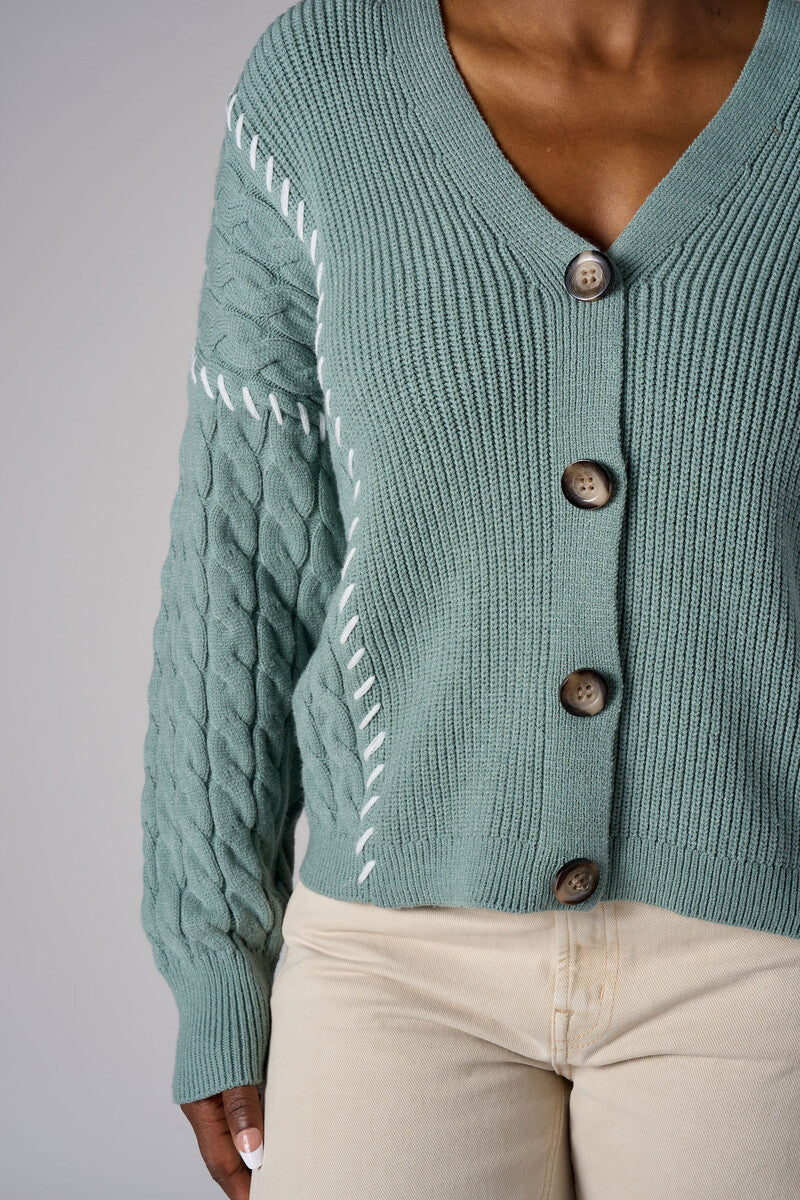 Seafoam cardigan with contrast whipstitch trim and button front closure.