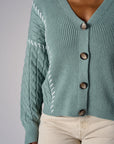Seafoam cardigan with contrast whipstitch trim and button front closure.