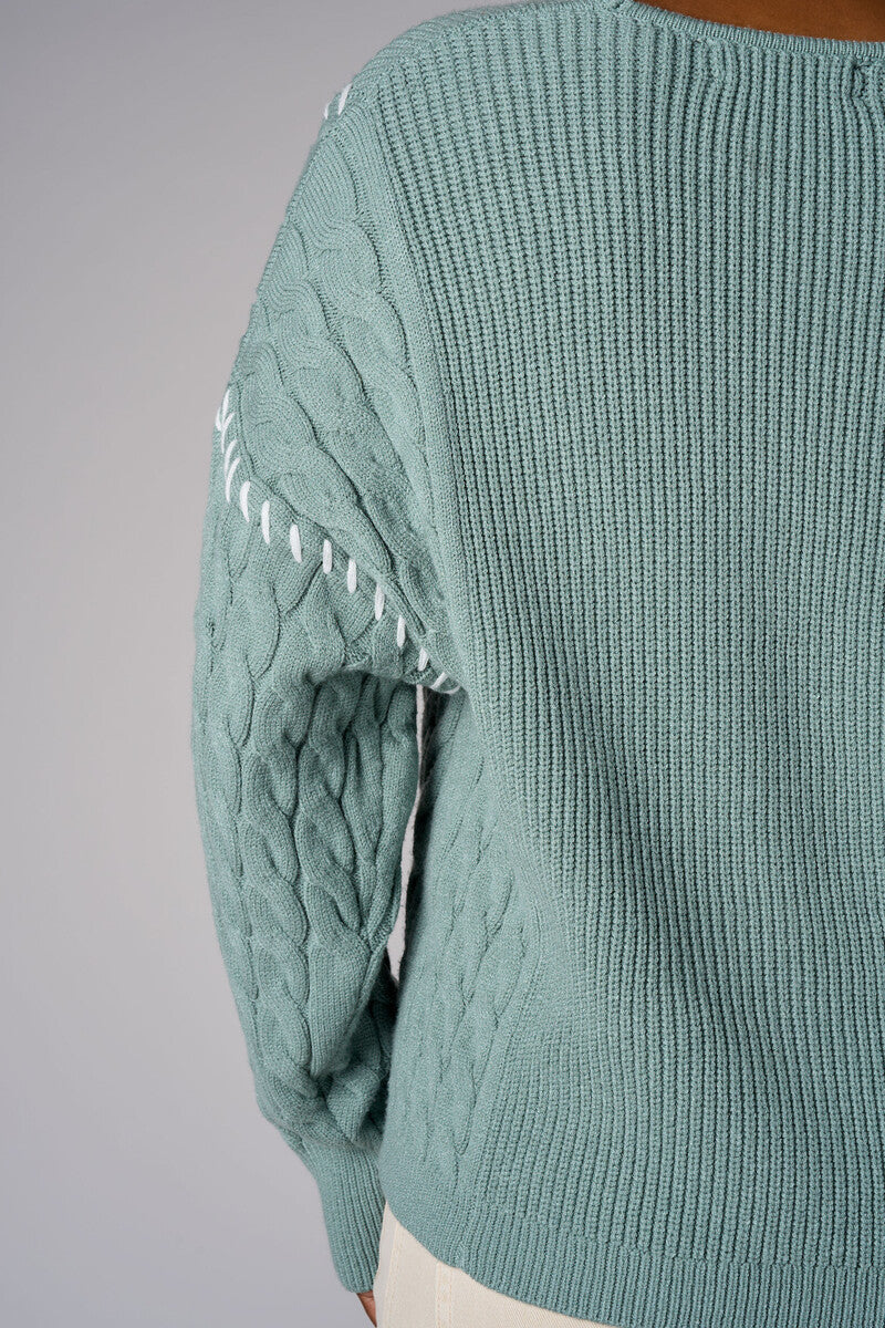 Seafoam cardigan with contrast whipstitch trim and button front closure.