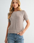 Latte Short Sleeve Acid Wash Crochet Top