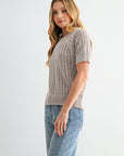 Latte Short Sleeve Acid Wash Crochet Top
