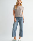 Latte Short Sleeve Acid Wash Crochet Top