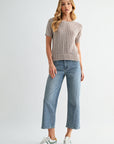 Latte Short Sleeve Acid Wash Crochet Top