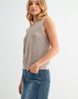 Sleeveless Acid Wash Crochet Top Latte