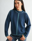 Cadet Blue Long Sleeve Blanket Stitch Sweater