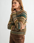 Brown Multi Stripes Plus- Size Long Sleeve Striped Sweater