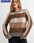 Brown Stripe Plus-Size Long Sleeve Mixed Stripe Sweater