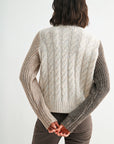 Taupe Multi Long Sleeve Patchwork Cable Sweater