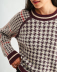 Burgundy Houndstooth Plus-Size Long Sleeve Raglan Sleeve Sweater