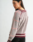 Burgundy Houndstooth Plus-Size Long Sleeve Raglan Sleeve Sweater