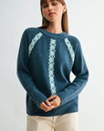 Baltic Blue Long Sleeve Mock Neck Embroidered Sweater