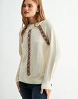Cream Long Sleeve Mock Neck Embroidered Sweater