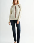 Cream Long Sleeve Mock Neck Embroidered Sweater