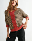 Fudge Burnt Rose Stripe 3/4 Sleeve Dolman Sleeve Sweater