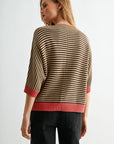 Fudge Burnt Rose Stripe 3/4 Sleeve Dolman Sleeve Sweater