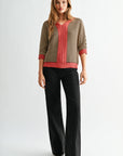 Fudge Burnt Rose Stripe 3/4 Sleeve Dolman Sleeve Sweater