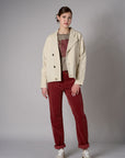 Bone White Retro Denim Jacket with angled paneling and button front closure.