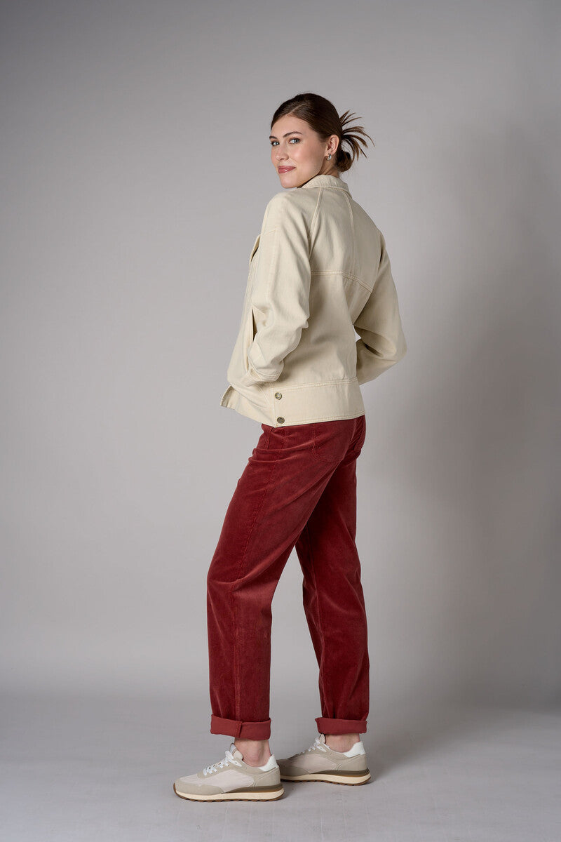 Bone White Retro Denim Jacket with angled paneling and button front closure.