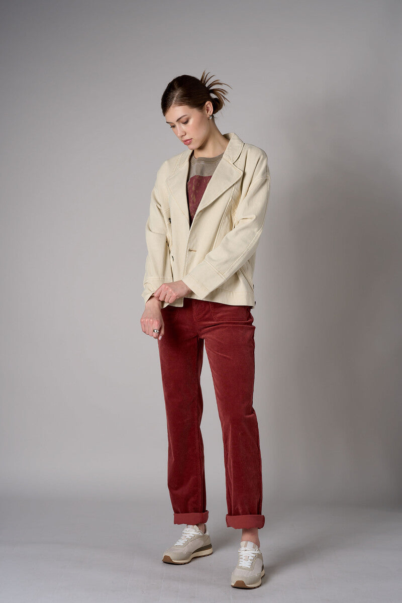 Bone White Retro Denim Jacket with angled paneling and button front closure.