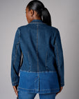 Two tone denim blazer with button front closure and front flap pockets.
