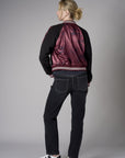 Merlot Multi Abstract Print Color Blocked Satin Bomber Jacket