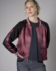 Merlot Multi Abstract Print Color Blocked Satin Bomber Jacket