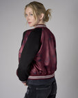 Merlot Multi Abstract Print Color Blocked Satin Bomber Jacket
