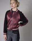 Merlot Multi Abstract Print Color Blocked Satin Bomber Jacket