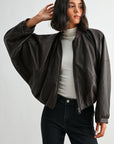Brown Faux Leather Zip Up Dolman Jacket