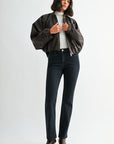 Brown Faux Leather Zip Up Dolman Jacket